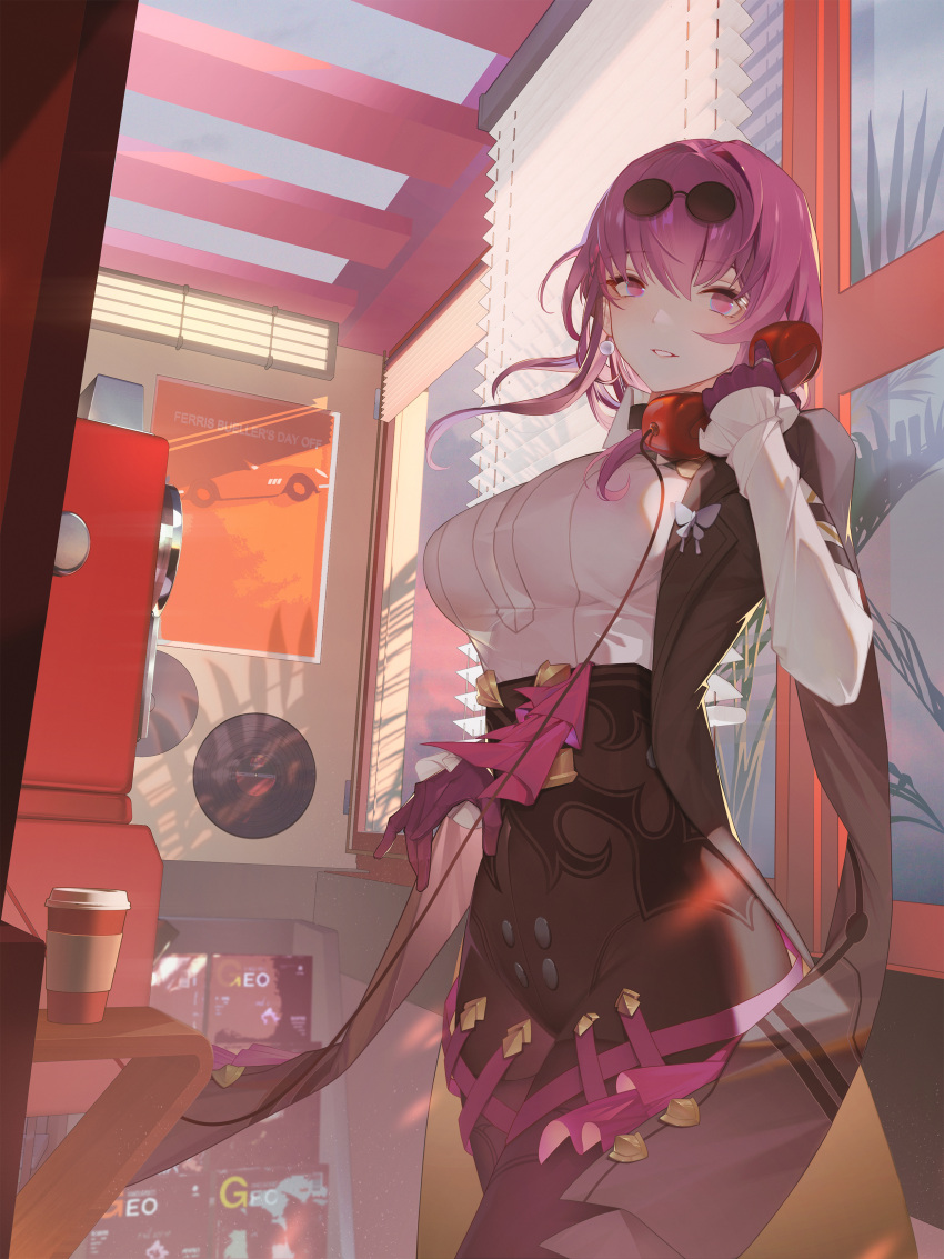 1girl absurdres black_jacket blinds collared_shirt commentary_request conghuazi corded_phone cowboy_shot cup disposable_cup earrings eyewear_on_head gloves high-waist_shorts highres holding holding_phone honkai:_star_rail honkai_(series) indoors jacket jewelry kafka_(honkai:_star_rail) long_hair long_sleeves looking_at_viewer open_clothes open_jacket pantyhose pantyhose_under_shorts parted_lips phone plant poster_(object) purple_eyes purple_gloves purple_hair purple_pantyhose record round_eyewear shirt shorts solo sunglasses white_shirt window