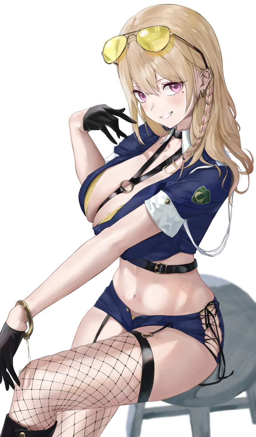 1girl absurdres black_gloves blonde_hair blue_shorts blush braid commentary_request cuffs fishnet_thighhighs fishnets gloves hair_between_eyes handcuffs highres looking_at_viewer midriff mole mole_under_eye original police police_uniform policewoman renge_(730) shorts side-tie_shorts side_braid simple_background smile solo sunglasses thighhighs unbuttoned uniform white_background