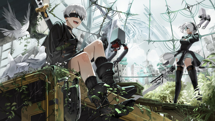 1boy 1girl 2b_(nier:automata) 9s_(nier:automata) abandoned bird black_blindfold black_choker black_footwear black_hairband black_shorts blindfold boots breasts building choker cleavage clothing_cutout covered_eyes dilapidated drone feather-trimmed_sleeves feather_trim from_below hairband highres juliet_sleeves large_breasts leotard long_sleeves mona0101 nier:automata nier_(series) open_mouth overgrown plant pod_(nier:automata) post-apocalypse puffy_sleeves ruins scenery short_hair shorts sitting sword sword_behind_back thighhighs thighhighs_under_boots vines weapon white_hair white_leotard