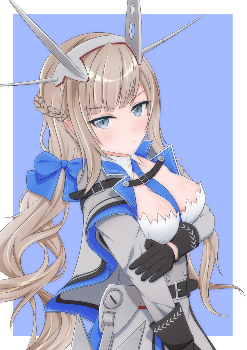 1girl bell_shireikan between_breasts black_gloves blue_bow blue_capelet blue_eyes blue_necktie bow braid breasts capelet dress french_braid gloves grey_capelet grey_dress hair_bow headgear highres kantai_collection light_brown_hair long_hair long_sleeves low_twintails maryland_(kancolle) medium_breasts multicolored_capelet necktie necktie_between_breasts radio_antenna solo twintails very_long_hair