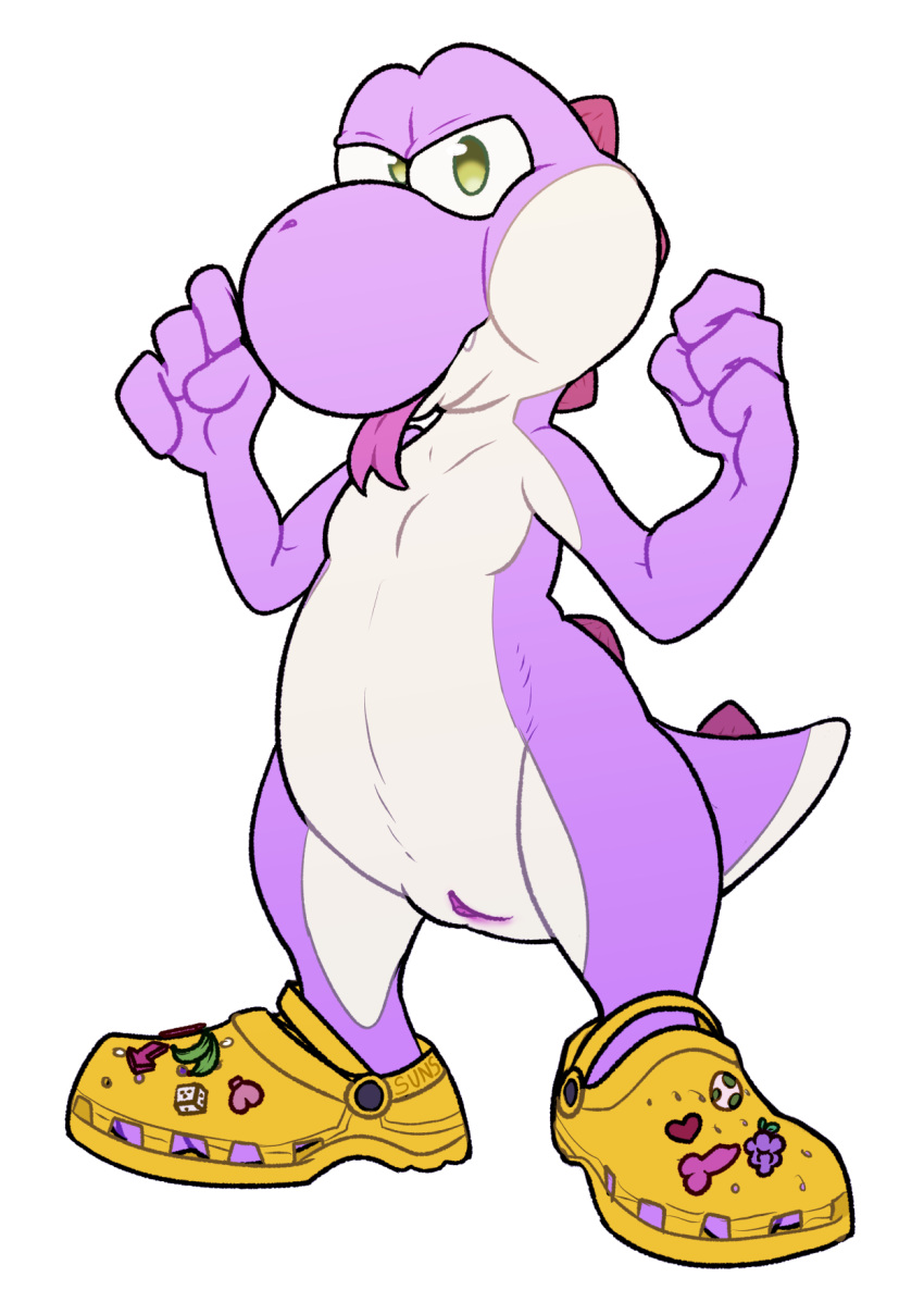 ambiguous_gender animal_genitalia anthro belly clothing crocs enamel_pin fan_character fighting_pose footwear footwear_only forked_tongue genital_slit genitals green_eyes hi_res looking_at_viewer mario_bros mostly_nude nintendo pins pose purple_body purple_skin raised_arms scales shoes shoes_only slit solo spikes suns_(artist) tongue tongue_out white_belly white_body white_skin yoshi