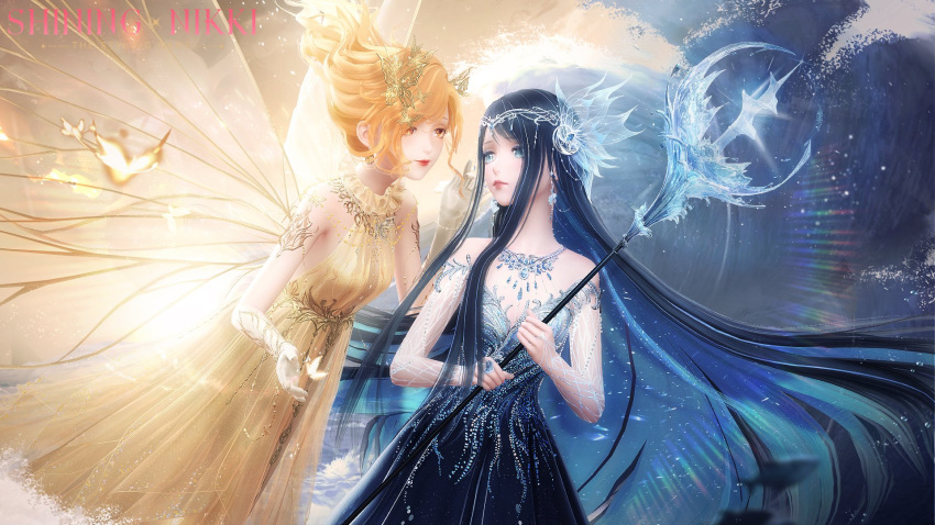 3d abstract_background black_dress blonde_hair blue_eyes breasts bug butterfly butterfly_hair_ornament cleavage copyright_name dress english_commentary fairy_wings fire gloves hair_ornament highres holding holding_staff holding_trident jewelry lipstick long_dress long_hair looking_at_another makeup multiple_girls necklace official_art polearm shining_nikki short_hair small_breasts staff tiara tidal_wave trident water weapon white_gloves wings yellow_dress yellow_eyes