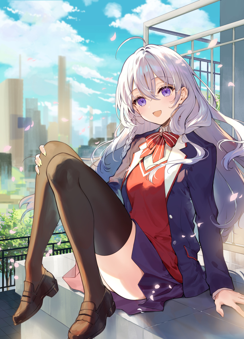 1girl ahoge black_thighhighs blazer blue_sky bow bowtie braid brown_footwear building cloud cloudy_sky collared_jacket cover cover_image crossed_bangs day elaina_(majo_no_tabitabi) floating_hair grey_hair hair_between_eyes highres jacket loafers long_hair long_sleeves looking_at_viewer majo_no_tabitabi majo_no_tabitabi:_gakuen necomi novel_illustration official_art open_clothes open_jacket open_mouth outdoors petals purple_eyes school_uniform shoes sitting skirt sky smile solo striped striped_bow striped_bowtie thighhighs thighs zettai_ryouiki