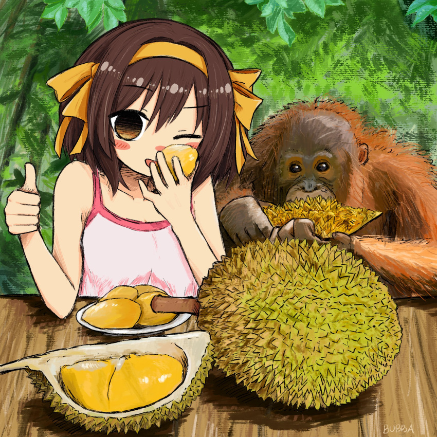 1girl animal blush breasts brown_eyes brown_hair bubbacterial durian eating food hair_ribbon hairband highres holding holding_food leaf looking_at_viewer one_eye_closed open_mouth orange_hairband orange_ribbon orangutan pink_tank_top ribbon short_hair solo suzumiya_haruhi suzumiya_haruhi_no_yuuutsu tank_top thumbs_up upper_body