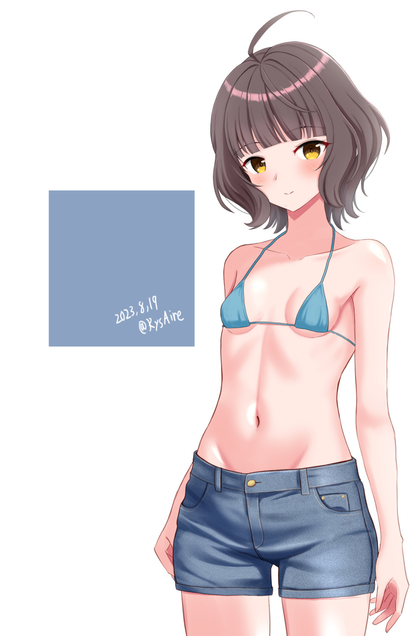 1girl ahoge ame-san bikini blue_bikini blue_shorts blunt_bangs breasts brown_eyes brown_hair commentary_request dated denim denim_shorts groin highres kantai_collection kishinami_(kancolle) micro_bikini navel short_hair shorts small_breasts square swimsuit twitter_username two-tone_background wavy_hair white_background