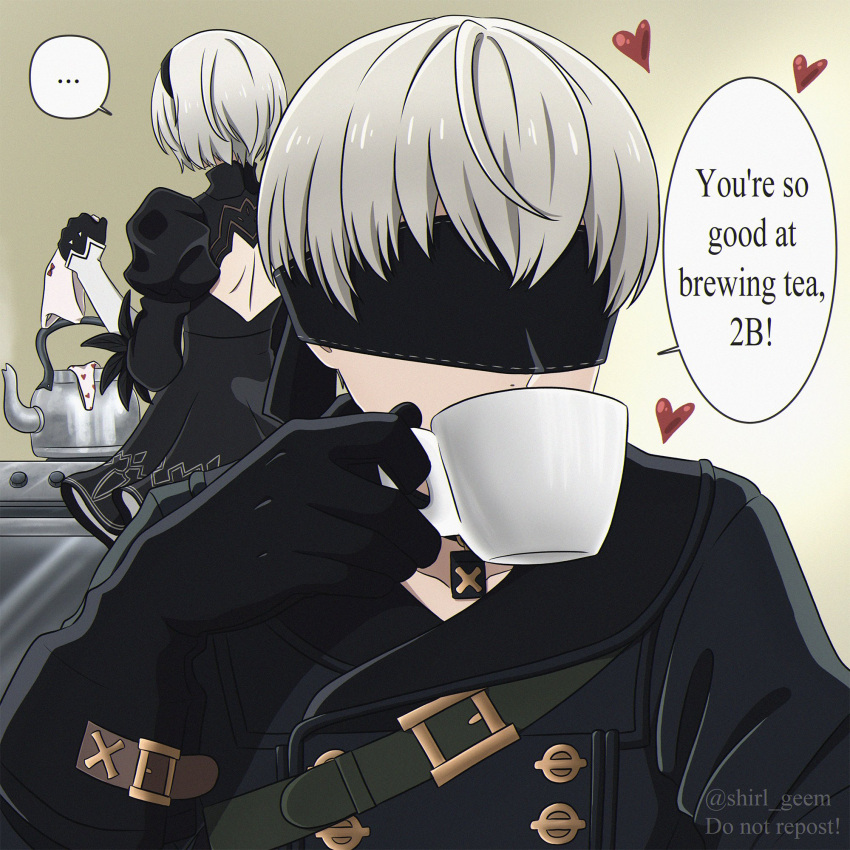 ... 1boy 1girl back_cutout belt black_blindfold black_dress blindfold clothing_cutout commentary cup dress drinking english_commentary english_text grey_hair heart heart_print highres holding holding_cup juliet_sleeves kettle long_sleeves nier:automata nier_(series) panties puffy_sleeves shirl_geem spoken_ellipsis stove teacup twitter_username underwear watermark yorha_no._2_type_b yorha_no._9_type_s