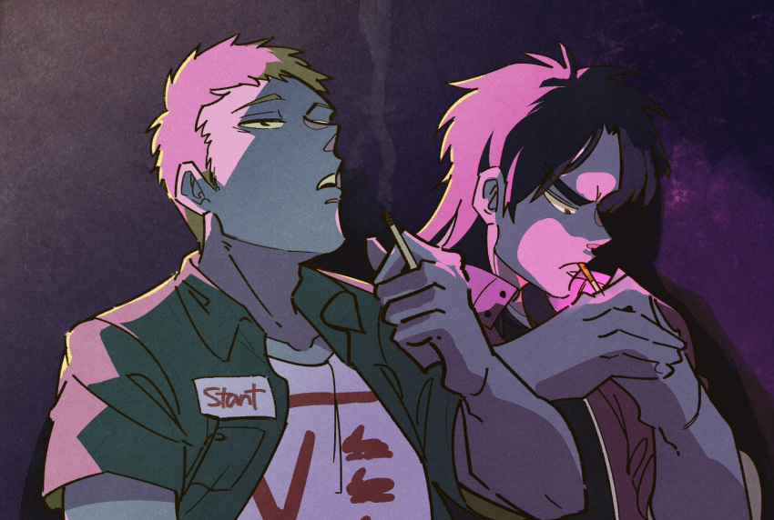 2boys backlighting black_eyes black_hair blonde_hair brown_jacket cigarette closed_mouth commentary_request frown green_shirt highres holding holding_cigarette inudori itou_kaiji jacket kaiji lighting_cigarette long_hair male_focus medium_bangs multiple_boys open_clothes open_mouth open_shirt parted_bangs sahara_makoto shirt short_bangs short_hair short_sleeves smoking t-shirt undershirt upper_body very_short_hair white_shirt