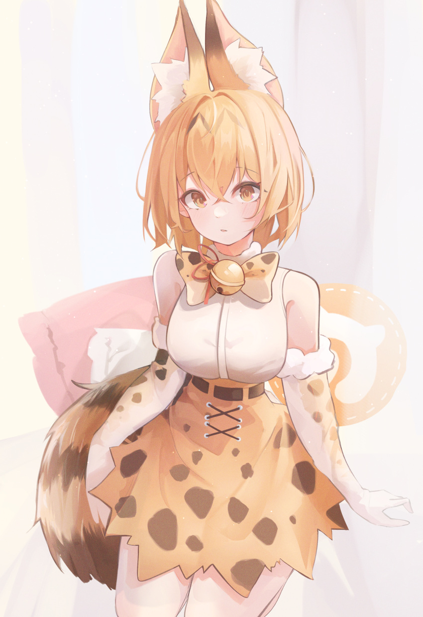 1girl absurdres animal_ear_fluff animal_ears arms_at_sides bare_shoulders belt blonde_hair blush bow bowtie claw_pose closed_mouth commentary e_name elbow_gloves expressionless eyelashes feet_out_of_frame fur-trimmed_gloves fur_trim gloves hair_between_eyes highres kemono_friends korean_text looking_at_viewer multicolored_bowtie multicolored_clothes multicolored_gloves serval_(kemono_friends) serval_print shirt short_hair skirt sleeveless sleeveless_shirt solo standing tail traditional_bowtie white_bow white_bowtie white_gloves yellow_bow yellow_bowtie yellow_eyes yellow_gloves yellow_skirt