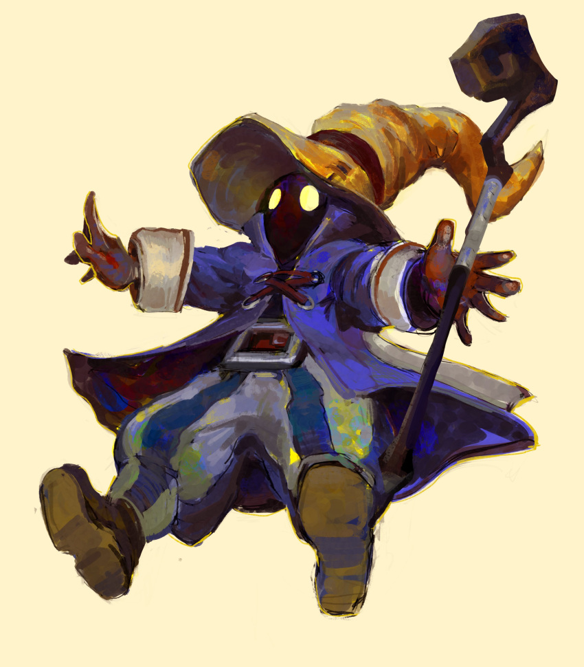 1boy absurdres baggy_pants belt_buckle black_mage blue_coat boots brown_footwear brown_gloves buckle coat final_fantasy final_fantasy_ix full_body gloves hat hat_belt high_collar highres holding holding_staff male_focus outstretched_arms pants solo staff striped striped_pants vivi_ornitier wizard_hat yellow_background yellow_eyes yellow_headwear yuming_li