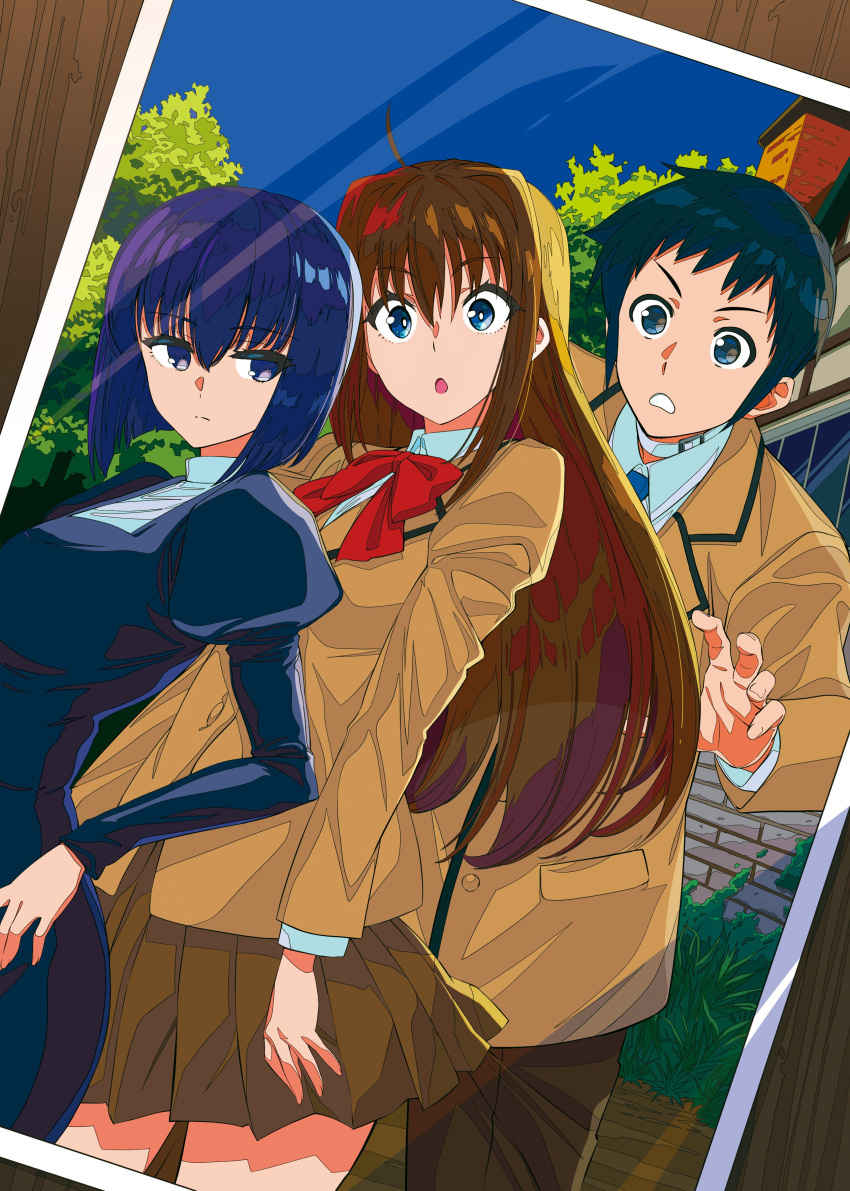 1boy 2girls :o absurdres aozaki_aoko black_dress black_eyes black_hair blazer blue_eyes blue_necktie bow bowtie brown_hair brown_jacket brown_pants brown_skirt closed_mouth collared_shirt commentary_request dress habit hair_between_eyes hair_intakes highres jacket juliet_sleeves kuonji_alice long_hair long_sleeves looking_at_another looking_at_viewer mahou_tsukai_no_yoru multiple_girls necktie pants photo_(object) pleated_skirt puffy_sleeves red_bow red_bowtie school_uniform shirt shizuki_soujuurou short_hair skirt uniform white_shirt xtango