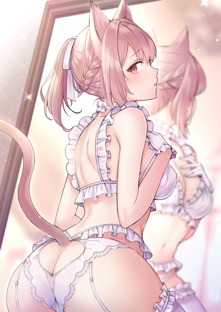 1girl animal_ears ass_cutout back bra braid breasts brown_eyes brown_hair butt_crack cat_ears cat_tail cleavage clothing_cutout covered_face e_(eokiba) from_behind garter_straps gloves hair_ribbon hand_on_own_chest highres legwear_garter lingerie mirror navel original panties ponytail profile reflection ribbon sidelocks solo sparkle tail thighhighs underwear underwear_only white_bra white_gloves white_panties white_ribbon