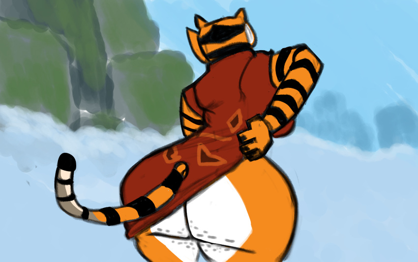 anthro belly big_breasts black_stripes breasts butt butt_focus butt_heart clothed clothing cloudy digital_drawing_(artwork) digital_media_(artwork) dreamworks dress felid female female_focus fog fur hi_res kung_fu_panda mammal master_tigress mountain orange_body outside pantherine presenting presenting_hindquarters rear_view red_clothing red_dress solo striped_body striped_fur stripes thick_thighs tiger valley weepeeman1 white_belly