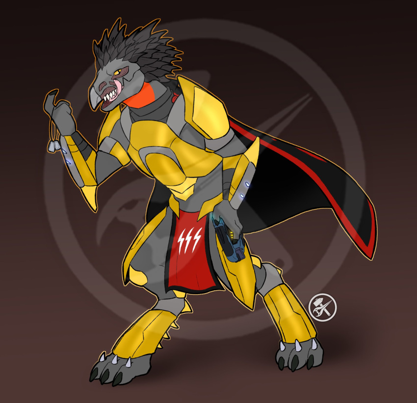 3_fingers 3_toes alien anthro armor avian avian_caruncle barefoot beak black_cape cape claws clothing colored cuirass cuisse digitigrade distracting_watermark dog_tags energy_sword energy_weapon fangs feather_hair feathered_crest feathers feet finger_claws fingers gesture gold_(metal) gold_armor greaves grey_body grey_feather_hair grey_feathers grey_skin gun halo_(series) hammer handgun head_crest hi_res holding_gun holding_handgun holding_object holding_pistol holding_weapon kig-yar licking licking_lips logo looking_at_viewer male melee_weapon microsoft open_mouth pistol plasma_pistol pseudo_hair pupils qios ranged_weapon red_neck scalie slit_pupils solo spaulder standing sword t'vaoan teeth toe_claws toes tongue tongue_out tools vambrace watermark weapon xbox_game_studios yellow_eyes