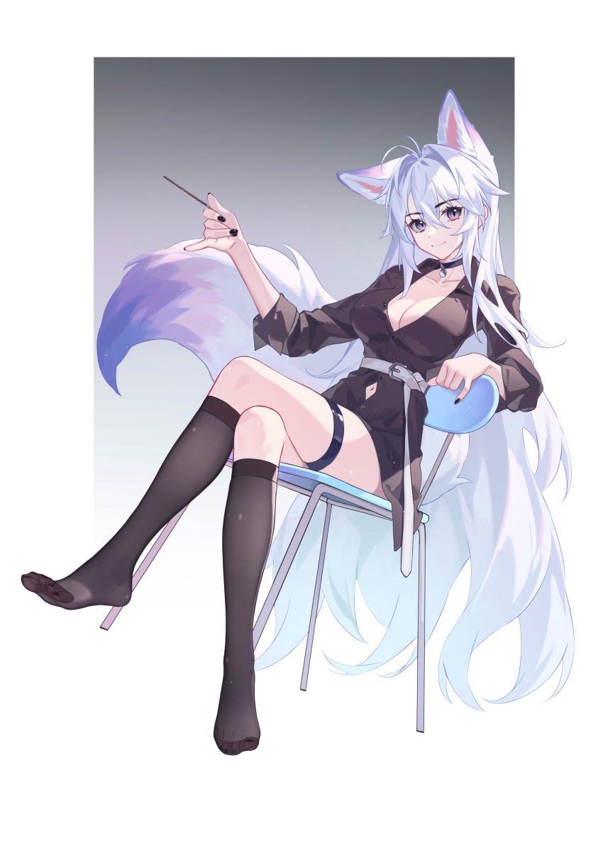 1girl absurdres animal_ears antenna_hair belt black_choker black_nails black_shirt black_socks border breasts chair choker cleavage clothing_cutout collarbone crossed_legs extra_ears fox_ears fox_girl fox_tail gradient_background grey_background grey_hair hair_between_eyes highres holding holding_stick kirby_d_a kneehighs large_breasts leaning_back long_hair long_sleeves looking_at_viewer navel_cutout no_shoes original pendant_choker pink_eyes shirt sidelocks simple_background sitting smile socks solo stick tail thigh_strap very_long_hair white_belt white_border