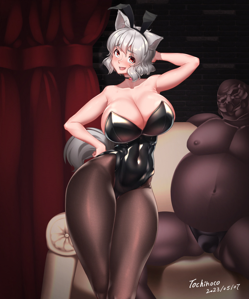 1boy 1girl absurdres animal_ears arm_above_head armpits bare_shoulders breasts choker cleavage collar couch fat fat_man hand_on_own_hip highres indoors inubashiri_momiji large_breasts looking_at_viewer navel oni open_mouth pantyhose playboy_bunny red_eyes short_hair sitting smile thighs tochinoko touhou white_hair wolf_ears wolf_girl