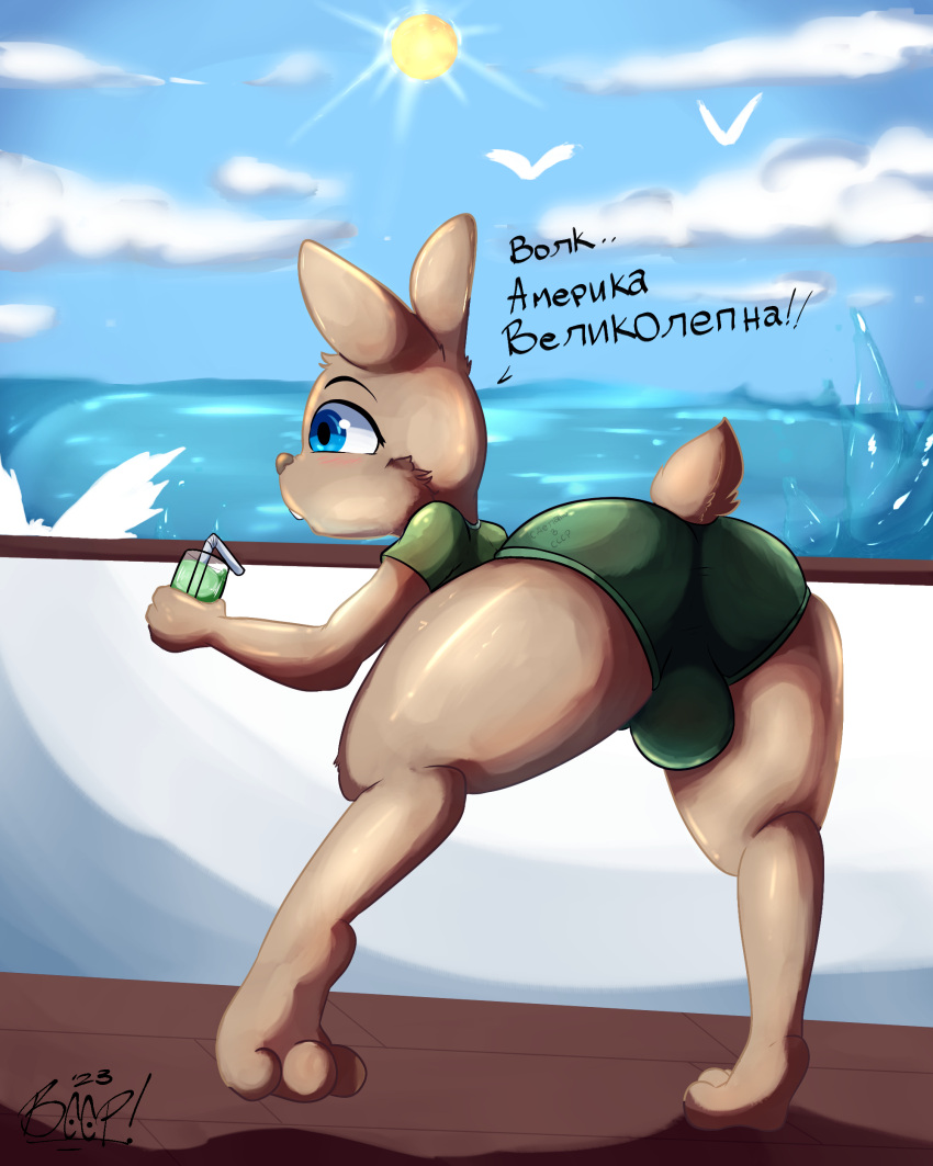 absurd_res anthro ball_bulge balls beep! beverage blue_eyes blush bottomwear bulge butt clothed clothing container cruise_ship cup digital_media_(artwork) fur genitals girly girly_pred hi_res holding_object humanoid in_awe lagomorph leporid light light_beam male mammal merchant_ship nu_pogodi passenger_ship rabbit russian_text sea ship simple_background solo sunbeam sunlight surprised_expression tail text vehicle water watercraft zayats