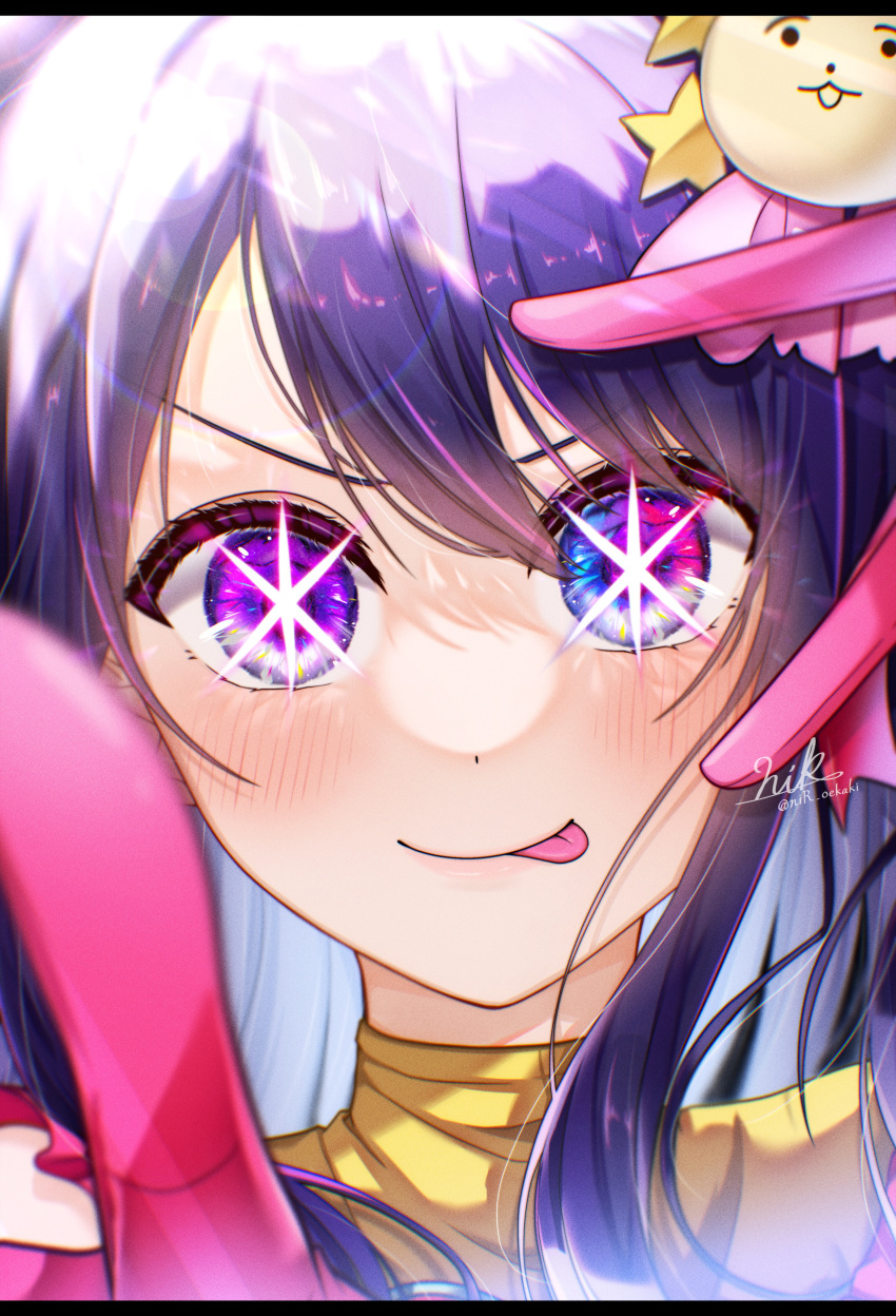 1girl absurdres blue_eyes blurry blurry_foreground blush chromatic_aberration close-up closed_mouth commentary_request dress frilled_dress frills gloves hair_between_eyes hair_ornament highres hoshino_ai_(oshi_no_ko) idol idol_clothes lens_flare letterboxed long_hair looking_at_viewer multicolored_eyes nir_(oekaki) oshi_no_ko pink_eyes pink_gloves pointing pointing_at_viewer purple_eyes purple_hair rabbit_hair_ornament sidelocks signature smile solo sparkle star-shaped_pupils star_(symbol) star_hair_ornament swept_bangs symbol-shaped_pupils tongue tongue_out turtleneck_dress twitter_username v_over_eye