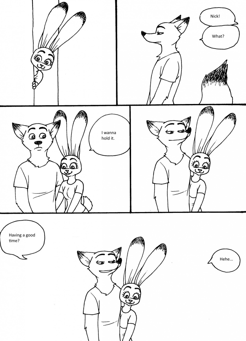 2023 anthro anthro_on_anthro bernielover bernielover's_college_au breasts canid canine clothed clothing comic dialogue disney duo english_text female fox fur hi_res judy_hopps lagomorph leporid male male/female mammal nick_wilde rabbit shirt smile speech_bubble t-shirt text topwear zootopia