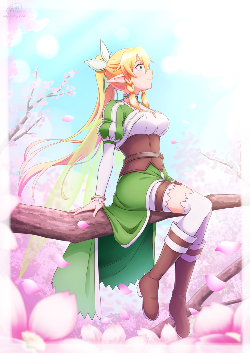 1girl blonde_hair blush boots braid breasts brown_footwear cherry_blossoms choker day from_side green_eyes hair_between_eyes hair_ornament highres ken-ji knee_boots large_breasts leafa long_hair long_sleeves looking_up outdoors over-kneehighs pointy_ears ponytail profile puffy_short_sleeves puffy_sleeves short_sleeves sitting smile solo sword_art_online thighhighs twin_braids white_choker white_thighhighs