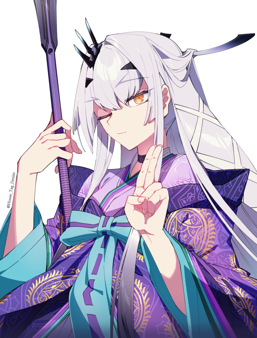 1girl absurdres breasts brown_eyes choker fairy_knight_lancelot_(dream_portrait)_(fate) fairy_knight_lancelot_(fate) fate/grand_order fate_(series) forked_eyebrows highres house_tag_denim japanese_clothes kimono long_hair long_sleeves looking_at_viewer obi one_eye_closed polearm purple_kimono sash sidelocks small_breasts smile solo spear weapon white_hair wide_sleeves