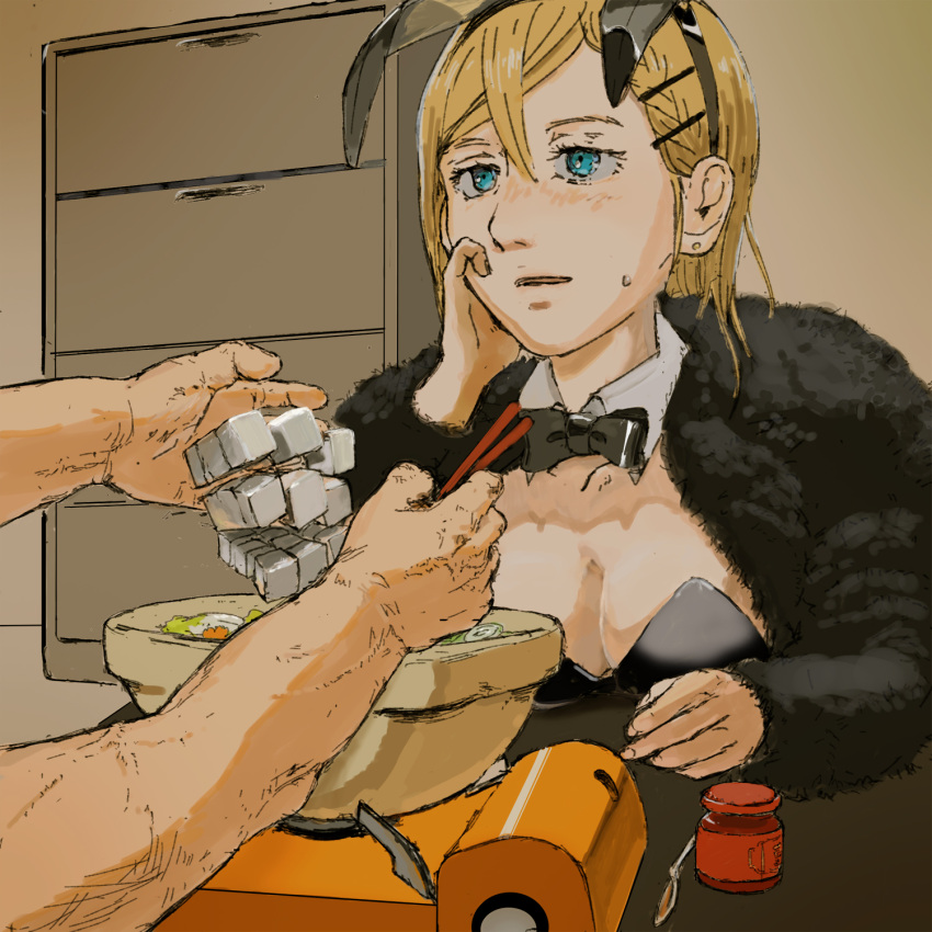 1girl animal_ear_headwear animal_ears bansou black_bow black_bowtie blonde_hair blue_eyes bow bowl bowtie breasts chopsticks cleavage cooking cooking_pot ear_piercing fake_animal_ears filing_cabinet food hand_on_own_face highres holding holding_chopsticks koda_minare nami_yo_kiite_kure open_mouth piercing playboy_bunny rabbit_ears soy_sauce_bottle tofu