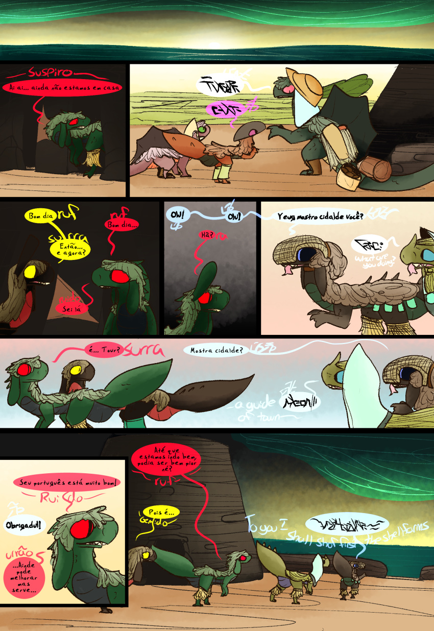 absurd_res ambiguous_gender comic constructed_language desert dialogue dinosaur dragon dragonscape drekir dromaeosaurid fantasy feral fictional_language garat_(thepatchedragon) hi_res joao_(thepatchedragon) kern_(thepatchedragon) language_barrier lud_(thepatchedragon) morning omel_(thepatchedragon) ormer portuguese_text post-apocalyptic reptile scalie text thepatchedragon theropod