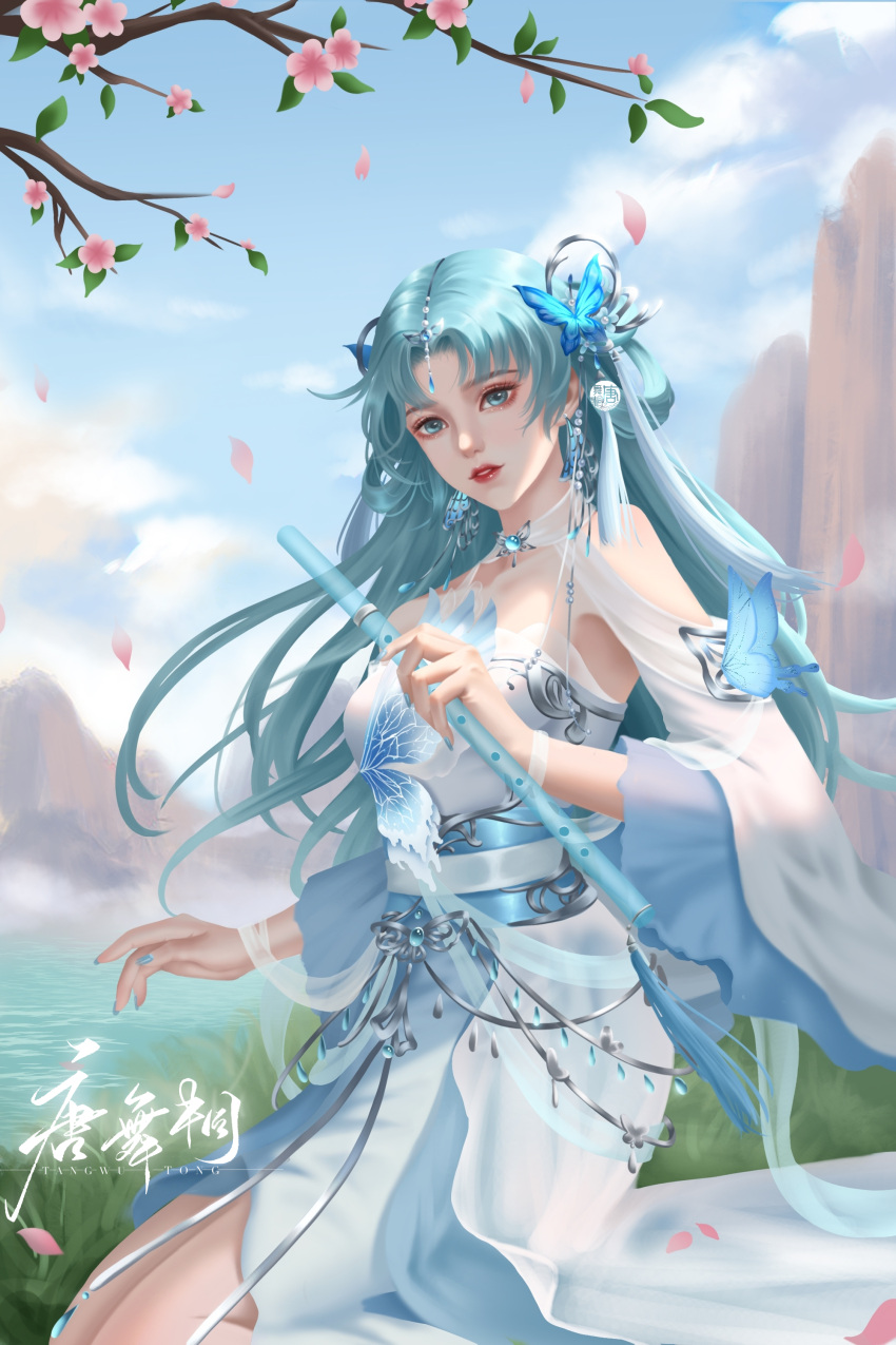 1girl absurdres artist_request bare_legs branch butterfly_hair_ornament cherry_blossoms cloud douluo_dalu dress falling_petals flute grass hair_ornament hair_rings highres holding holding_instrument instrument jewelry long_hair mountain outdoors parted_lips petals sash second-party_source solo tang_wutong_(douluo_dalu) tassel tassel_hair_ornament teeth water white_dress