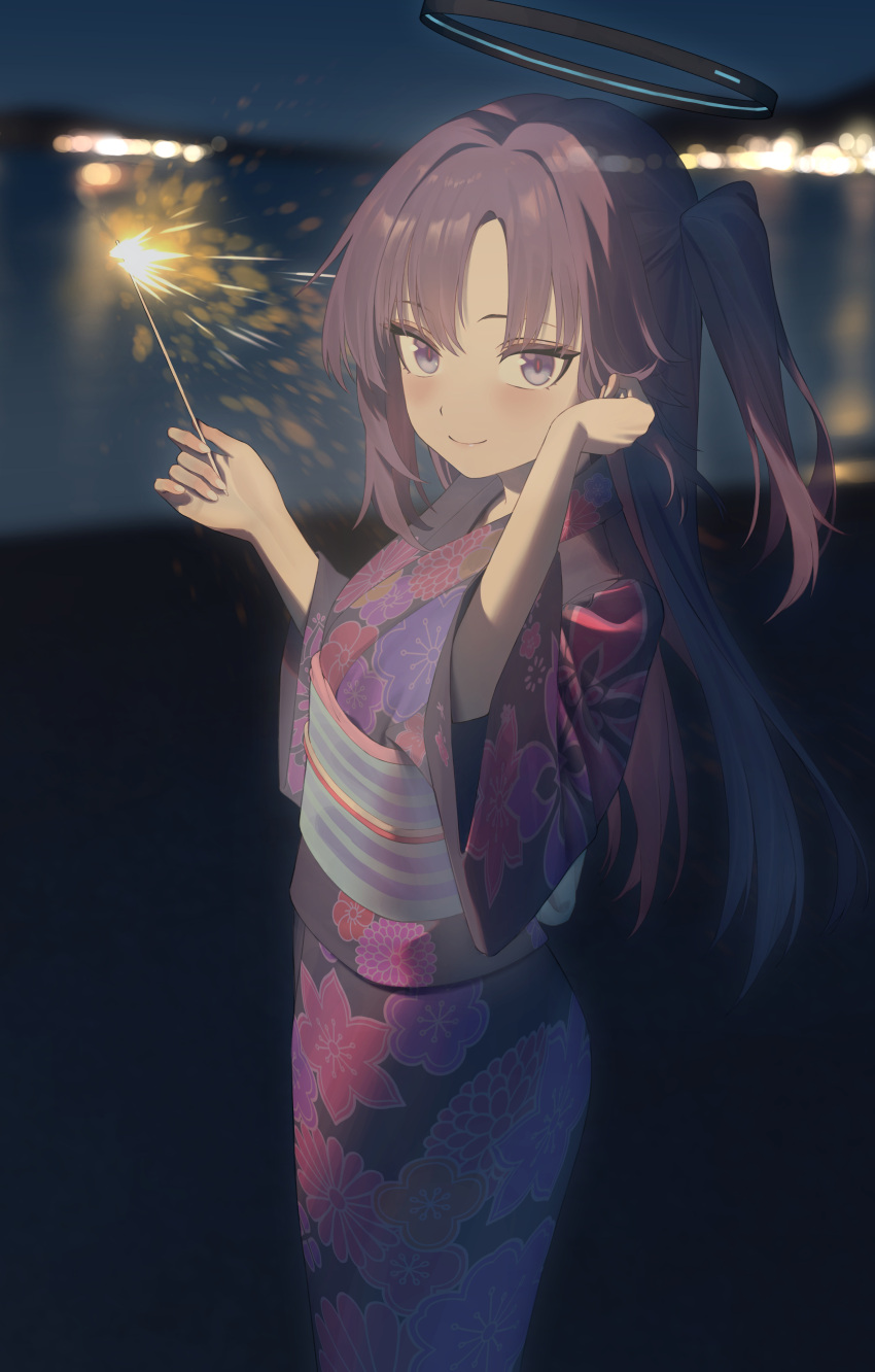 1girl absurdres alternate_costume blue_archive blurry blurry_background blush fireworks floral_print halo highres holding_fireworks japanese_clothes kimono looking_at_viewer mr-shin night obi outdoors purple_eyes purple_hair sash smile solo sparkler wide_sleeves yukata yuuka_(blue_archive)