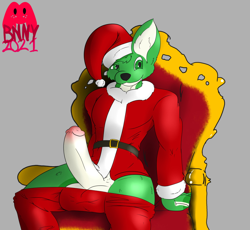 2021 absurd_res anthro balls big_balls big_penis biped black_clothing canid canine canis cesar_(cesaroma71) christmas christmas_clothing christmas_headwear clothing costume erection fur genitals green_body green_ears green_eyes green_fur green_hair hair hat headgear headwear hi_res holidays humanoid_genitalia humanoid_penis looking_at_viewer male mammal penis pink_penis red_clothing santa_clothing santa_costume santa_hat signature sitting solo succubusbnny white_balls white_body white_clothing white_ears white_fur white_penis wolf yellow_clothing