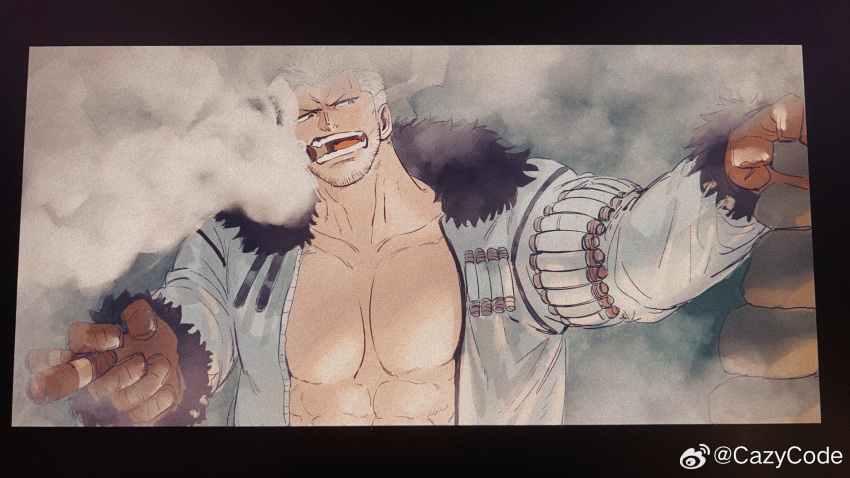 1boy abs bara beard_stubble cigar coat facial_hair gloves highres large_pectorals looking_to_the_side male_focus mature_male mcbuckwheat muscular muscular_male no_shirt one_piece pectoral_cleavage pectorals sanpaku short_hair sideburns smoker_(one_piece) smoking solo stubble upper_body white_hair