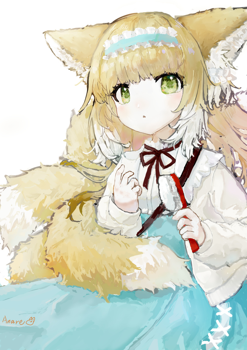 1girl absurdres anare animal_ear_fluff animal_ears arknights artist_name blue_hairband blue_skirt cardigan cross-laced_clothes cross-laced_skirt cross-laced_slit fox_ears fox_girl fox_tail frilled_hairband frills green_eyes hair_brush hairband high-waist_skirt highres kitsune kyuubi long_sleeves looking_at_viewer multiple_tails neck_ribbon official_alternate_costume open_cardigan open_clothes parted_lips puffy_long_sleeves puffy_sleeves red_ribbon ribbon shirt simple_background skirt solo suzuran_(arknights) suzuran_(spring_praise)_(arknights) tail tail_brushing white_background white_cardigan white_shirt