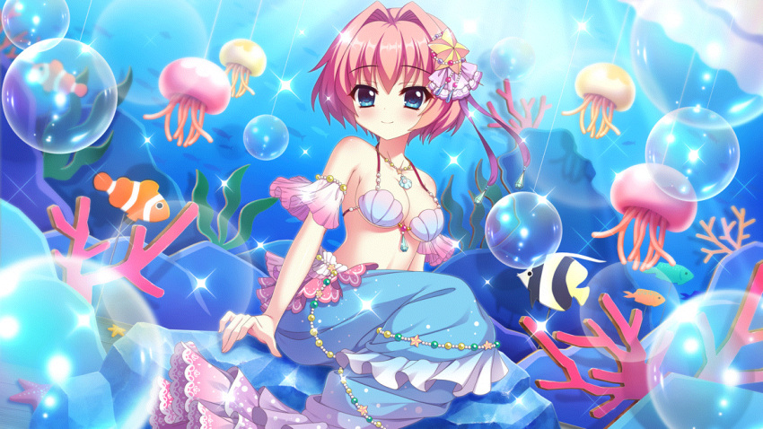 1girl blue_eyes breasts bubble butterflyfish cardboard_cutout cleavage closed_mouth clownfish coral detached_sleeves dot_nose dutch_angle film_grain fish game_cg hair_intakes hair_ornament hiiragi_kae izumi_tsubasu jellyfish jewelry lens_flare light_rays looking_at_viewer medium_breasts mermaid_costume necklace non-web_source official_art pink_hair purple_ribbon re:stage! ribbon seaweed shell shell_bikini short_hair smile solo sparkle stage star_(symbol) star_hair_ornament starfish the_little_mermaid underboob wire
