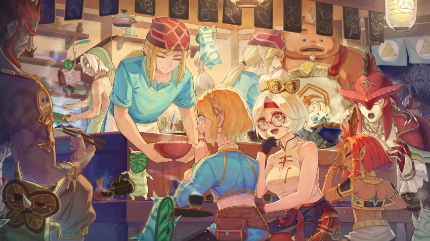 3girls 6+boys absurdres blonde_hair dark-skinned_female dark-skinned_male dark_link dark_skin eyeshadow fierce_deity ganondorf gerudo glasses goron headband highres kohga korok link makeup mask multiple_boys multiple_girls multiple_others multiple_persona pointy_ears princess_zelda purah red-framed_eyewear red_eyeshadow red_hair red_headband riju rito round_eyewear sidon sitting sleeveless the_legend_of_zelda the_legend_of_zelda:_tears_of_the_kingdom tulin_(zelda) updo yahaha yunobo zora