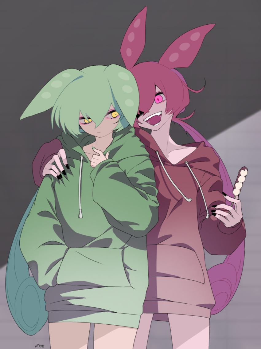 2girls alternate_color black_nails closed_mouth collarbone commentary_request cowboy_shot dango dual_persona empty_eyes fangs food green_hoodie grey_background half-closed_eyes hand_in_pocket hand_on_another's_shoulder highres holding holding_food hood hood_down hoodie long_hair long_sleeves looking_at_another looking_to_the_side low_ponytail marutsubo multiple_girls no_pants one_eye_covered open_mouth pink_eyes purple_hair red_hoodie signature smile squeezing voicevox wagashi yellow_eyes zundamon