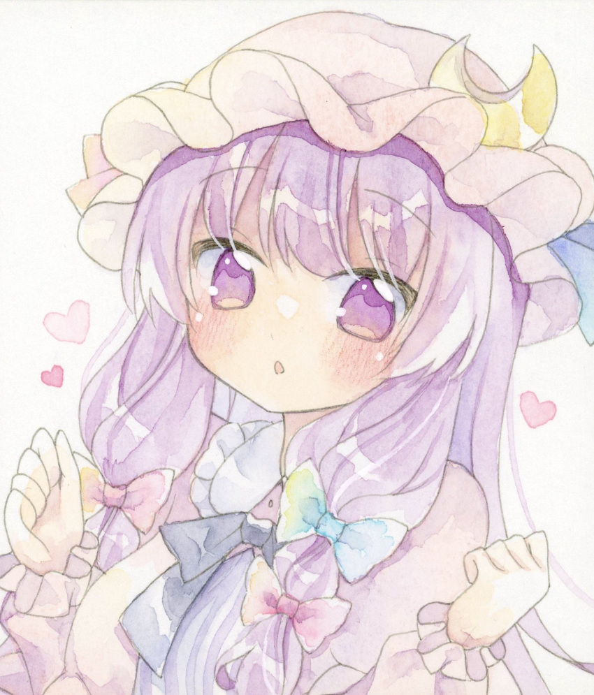 1girl :o arms_up blue_bow blue_ribbon blush bow bowtie commentary_request crescent crescent_hat_ornament hair_bow hat hat_ornament hat_ribbon heart highres kagome_f long_sleeves looking_at_viewer mob_cap open_mouth patchouli_day patchouli_knowledge purple_bow purple_bowtie purple_eyes purple_hair red_bow red_ribbon ribbon simple_background solo touhou upper_body white_background