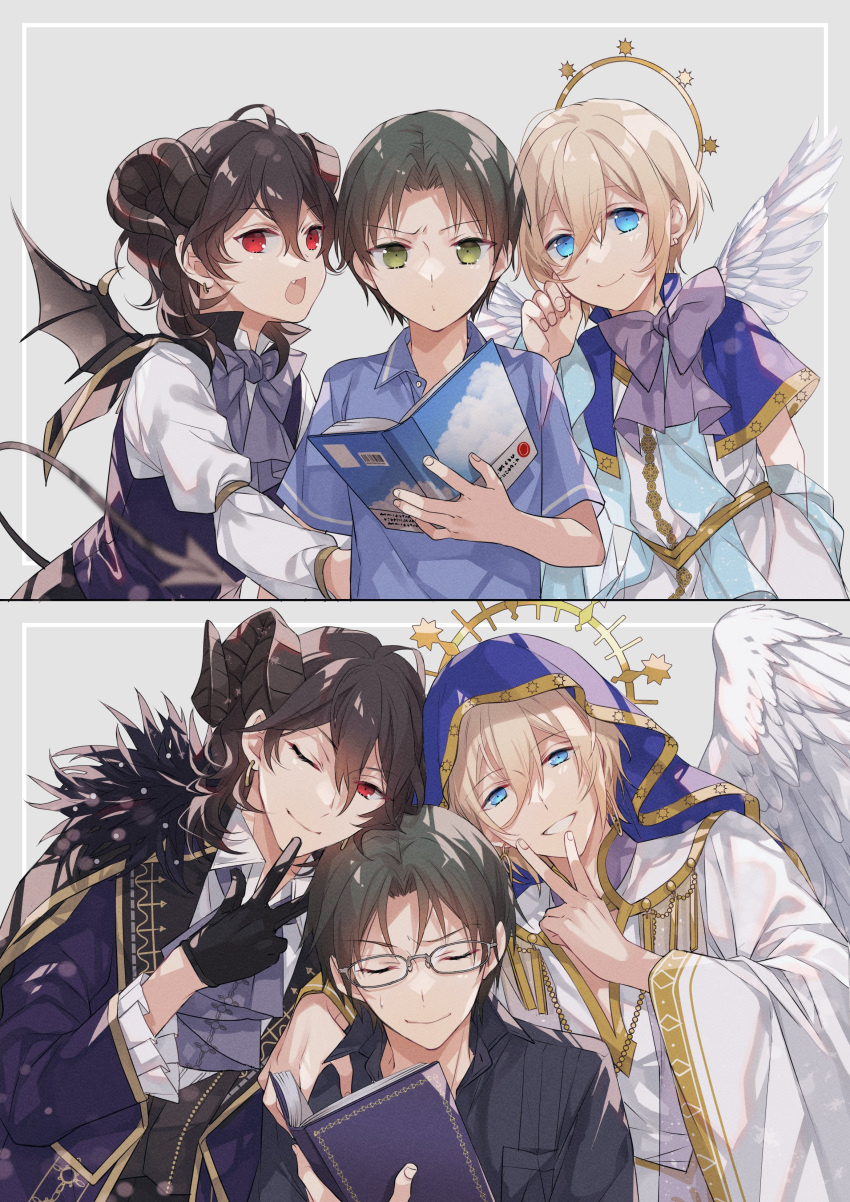 3boys absurdres aged_down angel angel_wings angels_(ensemble_stars!) black_hair blonde_hair blue_eyes child demon_boy demon_horns demon_tail demon_wings devil's_mansion_(ensemble_stars!) ensemble_stars! glasses green_eyes green_hair halo hasumi_keito highres horns huyucotton looking_at_viewer male_focus multiple_boys official_alternate_costume red_eyes sakuma_rei_(ensemble_stars!) short_hair tail tenshouin_eichi wings