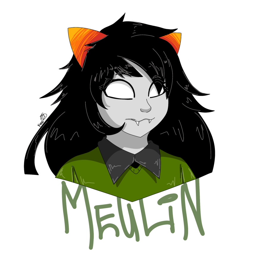 2_horns alien black_hair bust_portrait character_name clothed clothing fangs female freischutz999 green_clothing green_shirt green_topwear grey_body grey_skin hair hi_res homestuck horn horned_humanoid humanoid long_hair meulin_leijon ms_paint_adventures not_furry orange_horn portrait shirt signature simple_background solo teeth topwear troll_(homestuck) webcomic webcomic_character white_background white_eyes