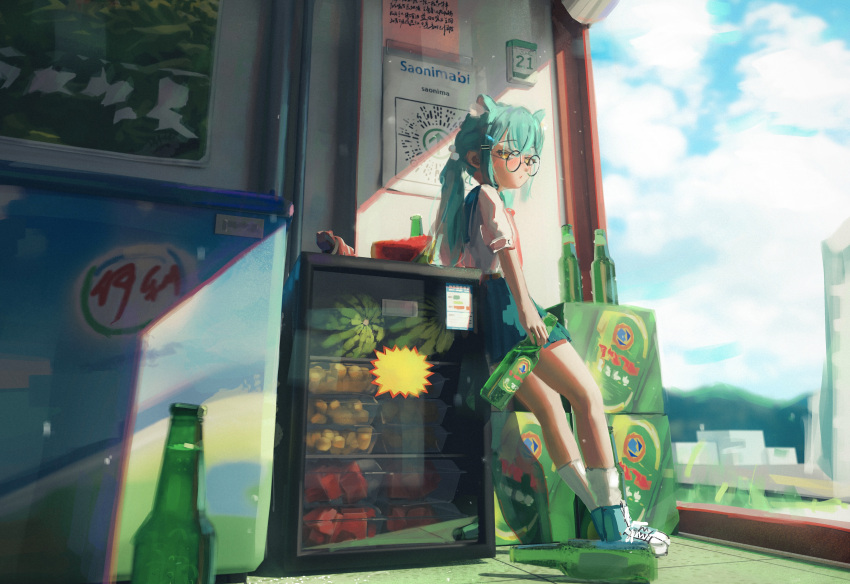 1girl absurdres alcohol animal_ear_fluff animal_ears aqua_hair aqua_skirt banana beer_bottle bottle calendar_(object) cat_ears cloud cloudy_sky food fruit glasses highres holding holding_bottle hsch leaning_on_object long_hair looking_at_viewer low_ponytail melon melon_slice miniskirt original refrigerator round_eyewear shoes sidelocks skirt sky sneakers socks solo white_background white_socks yellow_eyes