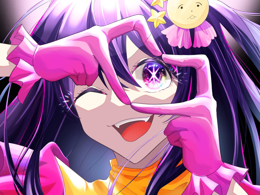 1girl commentary_request dress eye_focus frilled_dress frilled_gloves frills gloves hair_ornament heart heart_hands highres hoshino_ai_(oshi_no_ko) idol long_hair multicolored_eyes one_eye_closed one_side_up open_mouth oshi_no_ko pink_dress pink_gloves purple_eyes purple_hair rabbit_hair_ornament sidelocks solo star-shaped_pupils star_(symbol) star_hair_ornament symbol-shaped_pupils teeth turtleneck_dress user_zmke5455