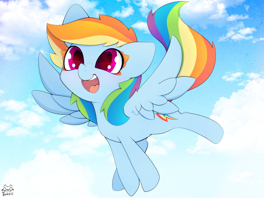 4:3 absurd_res blue_body blue_feathers blue_fur cloud cutie_mark digital_media_(artwork) equid equine feathered_wings feathers female feral friendship_is_magic fur hair hasbro hi_res mammal multicolored_hair multicolored_tail my_little_pony pegasus pink_eyes rainbow_dash_(mlp) rainbow_hair rainbow_tail signature sky smile solo spread_wings tail tongue wings zokkili
