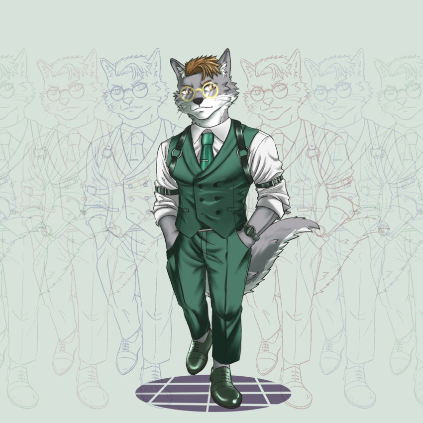 1:1 2022 anthro belt_accessory boots brown_hair business_suit canid canine classy clock clothed clothing colored corsac_fox digital_media_(artwork) dress_shirt eyewear footwear fox front_view fully_clothed fur glasses grey_body grey_fur hair hands_in_both_pockets harness hi_res inner_ear_fluff looking_at_viewer male mammal mnesis necktie pose pupils rolled_up_sleeves shirt slit_pupils solo suit super-nova swaggy_tamago tail topwear tuft vest walking watch whiskers wristwatch