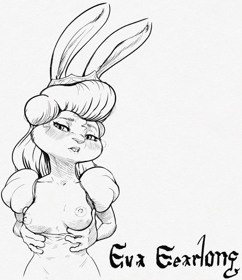 2023 anthro areola biped black_and_white blush breasts buckteeth clothed clothing dress epic_games eva_earlong female hair hi_res jazz_jackrabbit_(series) lagomorph leporid line_art long_hair looking_at_viewer mammal monochrome nipples partially_clothed presenting presenting_breasts rabbit sabrotiger simple_background solo standing teeth white_background
