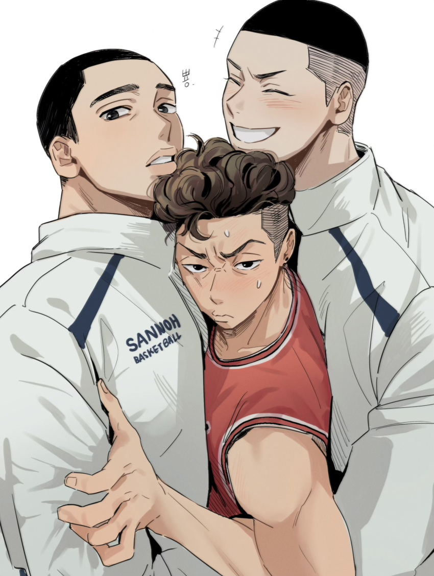 3boys basketball_jersey basketball_uniform beaker_pour bishounen black_eyes black_hair blush boy_sandwich brown_hair buzz_cut closed_eyes earrings english_text fukatsu_kazunari hand_on_another's_arm highres hug hug_from_behind jacket jewelry korean_text laughing looking_at_viewer male_focus miyagi_ryouta multiple_boys red_tank_top sandwiched sawakita_eiji short_hair slam_dunk_(series) smile sportswear struggling stud_earrings sweatdrop tank_top toned toned_male translation_request undercut upper_body very_short_hair wavy_hair white_background white_jacket