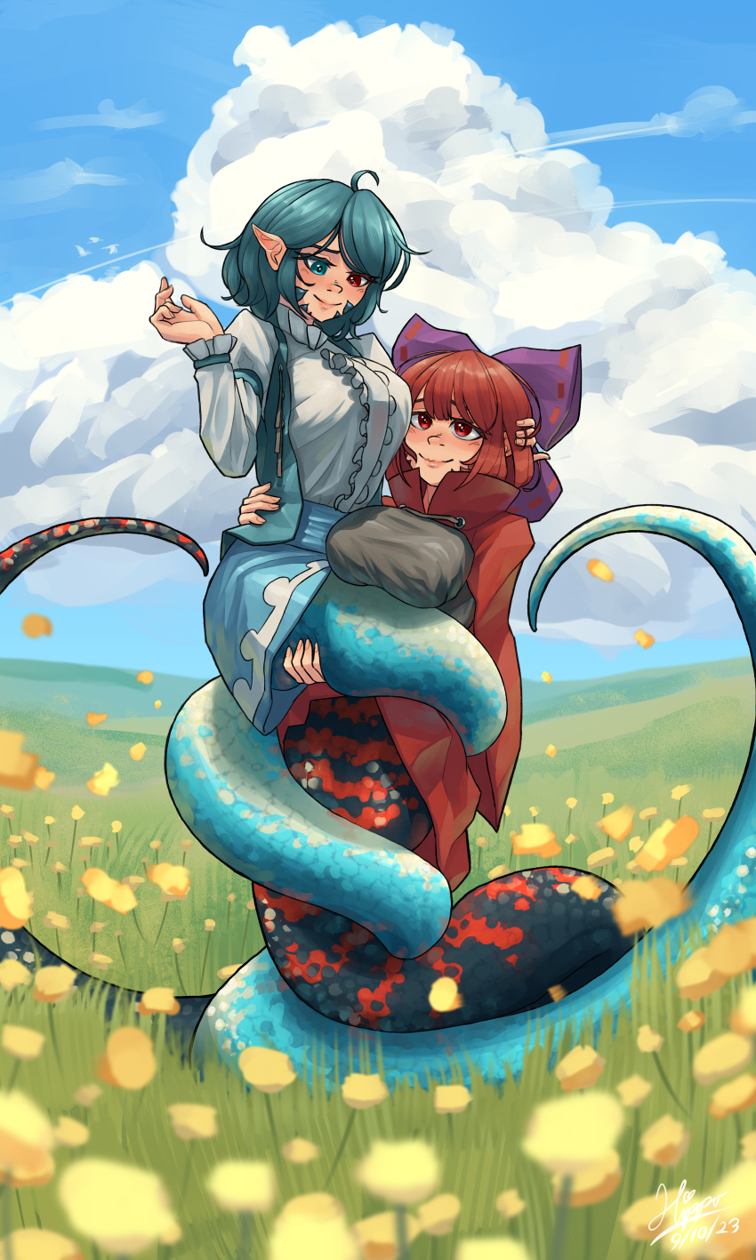 2girls absurdres blue_hair blue_sky bow breasts carrying center_frills cloak cloud coiled commentary commission english_commentary field flower flower_field frills full_body hair_bow highres hippppodraw lamia looking_at_another monster_girl multiple_girls pointy_ears purple_bow red_eyes red_hair scales sekibanki shirt short_hair sky tatara_kogasa touhou white_shirt yellow_flower yuri