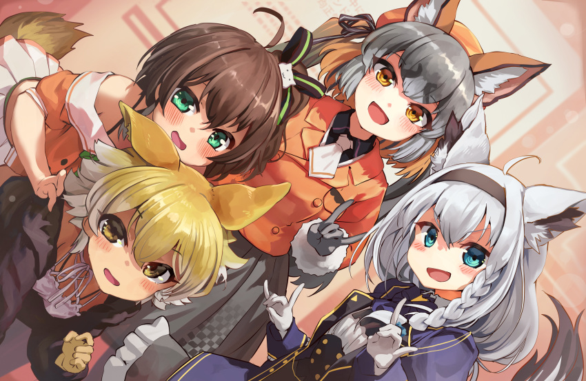 4girls absurdres animal_ears beret black_jacket blonde_hair blue_eyes blue_jacket blush braid brown_hair coat coyote_(kemono_friends) dutch_angle extra_ears fox_ears fox_girl fox_shadow_puppet fox_tail fur_trim gloves green_eyes grey_gloves grey_hair grey_skirt hair_tie hat highres hololive island_fox_(kemono_friends) jacket kemono_friends kemono_friends_v_project long_hair long_sleeves melaton multiple_girls natsuiro_matsuri off-shoulder_shirt off_shoulder official_alternate_costume orange_coat orange_eyes orange_hair orange_headwear pleated_skirt shirakami_fubuki shirt short_hair short_sleeves skirt spaghetti_strap tail twintails virtual_youtuber white_fur white_gloves white_hair white_shirt wolf_ears yellow_eyes yellow_gloves