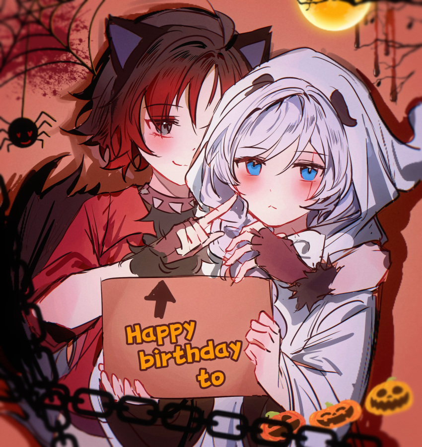 2girls absurdres akane031 animal_ears arm_around_shoulder black_hair blue_eyes bug chain closed_mouth collar english_text fake_animal_ears fake_tail fingerless_gloves ghost ghost_costume gloves gradient_hair halloween halloween_costume heart heart-shaped_eyes highres holding holding_sign jack-o'-lantern jack-o'-lantern_ornament multicolored_hair multiple_girls pumpkin red_hair red_shirt ruby_rose rwby scar scar_across_eye shirt short_hair sign silk spider spider_web spiked_collar spikes tail weiss_schnee white_hair