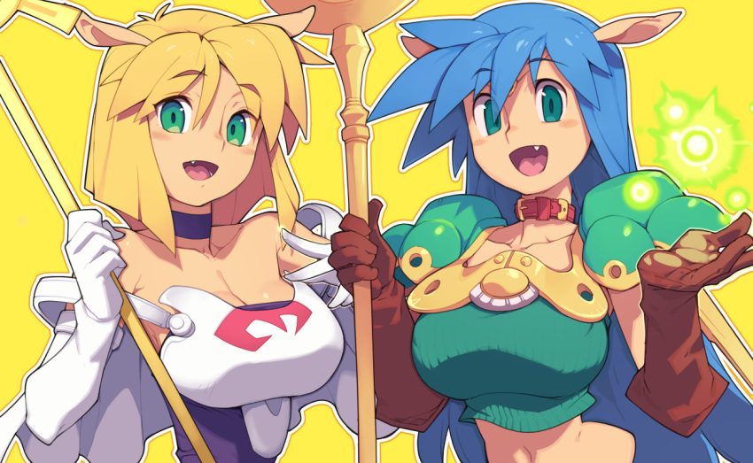 2girls animal_ears black_choker blonde_hair blue_hair breasts brown_gloves capelet choker cleavage commentary_request fang gloves green_eyes holding holding_staff large_breasts long_hair looking_at_viewer metata multiple_girls navel open_mouth rpg_maker short_hair staff upper_body white_capelet white_gloves yellow_background