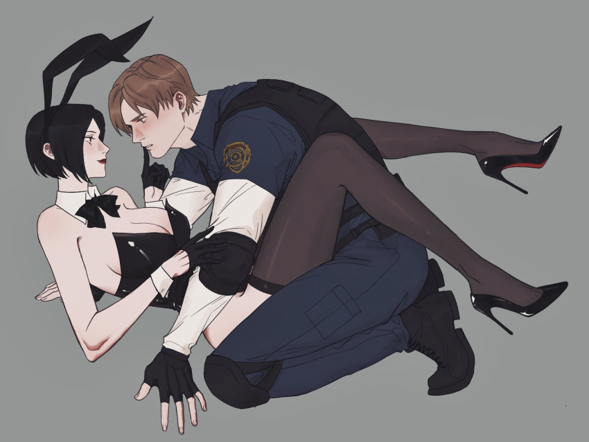 1boy 1girl aaamber_22 ada_wong animal_ears bare_shoulders black_footwear black_gloves black_hair black_ribbon blue_pants blue_skirt blush boy_on_top breasts bulletproof_vest cleavage closed_mouth couple detached_collar elbow_pads english_commentary eye_contact fake_animal_ears finger_to_another's_mouth fingerless_gloves from_side full_body gloves grey_background high_heels highres knees_up large_breasts legs_up leon_s._kennedy leotard light_brown_hair long_sleeves looking_at_another lying neck_ribbon on_back pants parted_lips playboy_bunny police police_uniform rabbit_ears red_lips resident_evil resident_evil_2 resident_evil_2_(remake) ribbon shirt short_hair skirt strapless strapless_leotard thighhighs uniform white_shirt