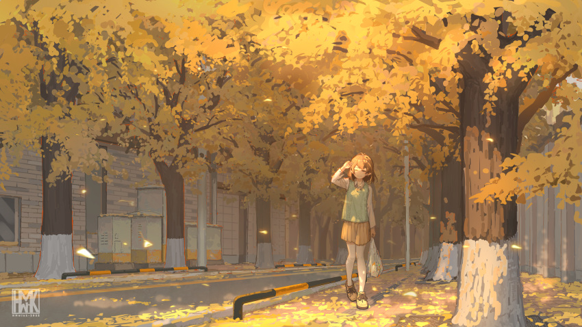 1girl absurdres ahoge autumn autumn_leaves bag brick_wall brown_hair dappled_sunlight day elf falling_leaves green_vest grocery_bag hand_up highres holding holding_bag hua_ming_wink leaf long_sleeves medium_hair original outdoors pantyhose pleated_skirt pointy_ears railing scenery shirt shoes shopping_bag skirt sneakers solo standing sunlight tree vest walking watermark white_pantyhose white_shirt yellow_footwear yellow_skirt