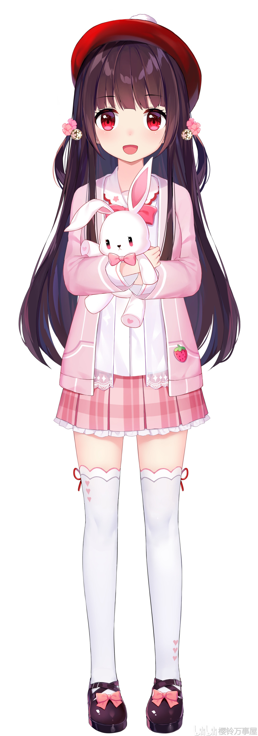 1girl :d absurdres akuma_(ogino-m) beret black_footwear black_hair blunt_bangs blush bow bowtie footwear_bow frilled_skirt frills full_body hat highres holding holding_stuffed_toy hugging_object jacket long_hair long_sleeves looking_at_viewer miniskirt official_art pink_bow pink_bowtie pink_jacket pink_skirt plaid plaid_skirt red_eyes red_headwear sakura_suzu_(vtuber) sakurasuzu_yorozuya shirt skirt smile solo standing stuffed_animal stuffed_rabbit stuffed_toy tachi-e thighhighs two_side_up very_long_hair virtual_youtuber white_background white_shirt white_thighhighs zettai_ryouiki